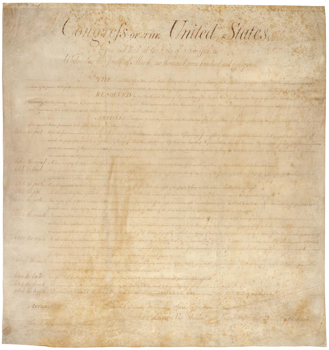 The document on permanent display in the Rotunda is the enrolled original Joint Resolution passed by Congress on September 25, 1789, proposing 12-not 10-amendments to the Constitution.