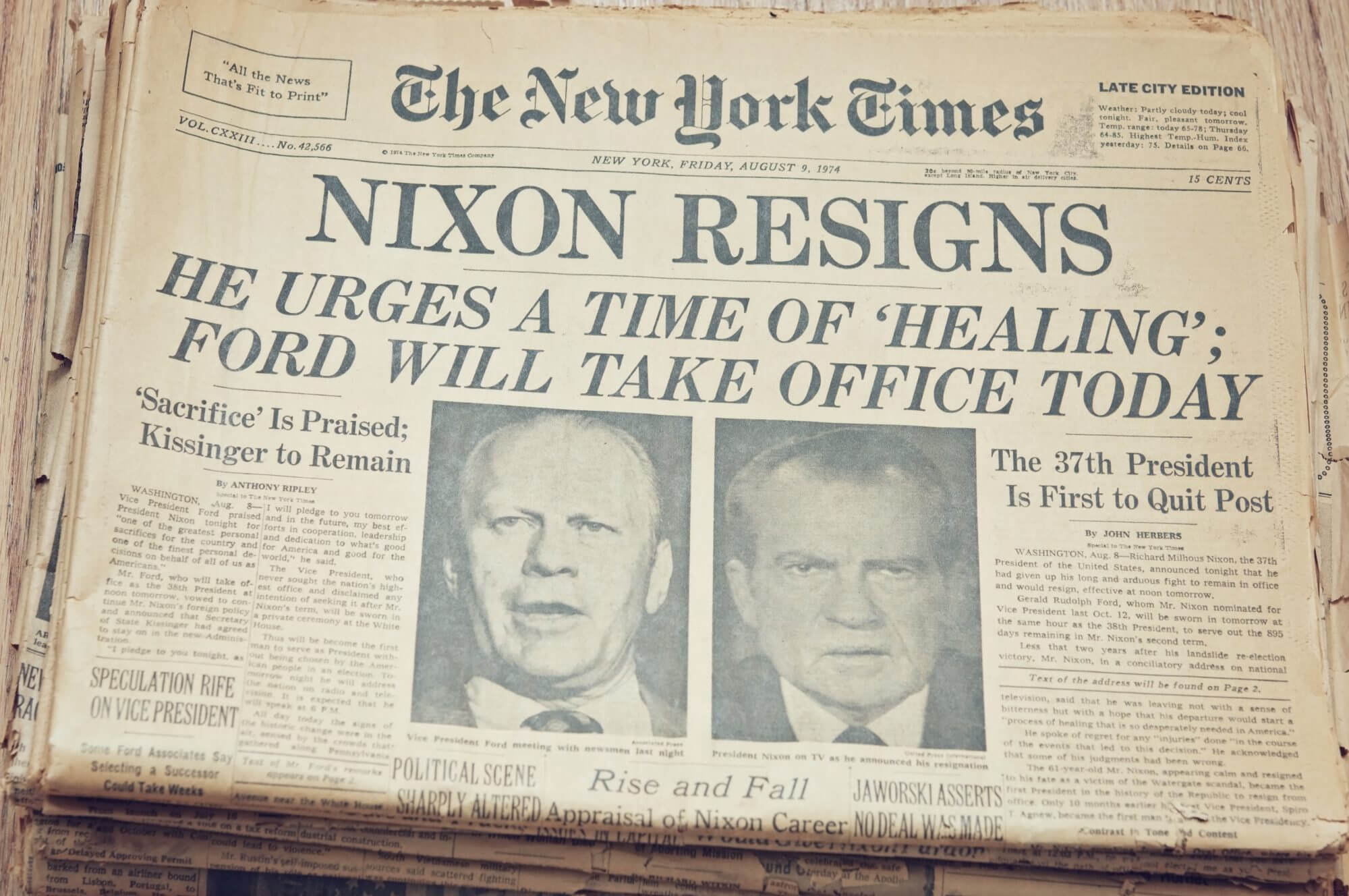 Newspaper with the headline "Nixon Resigns"
