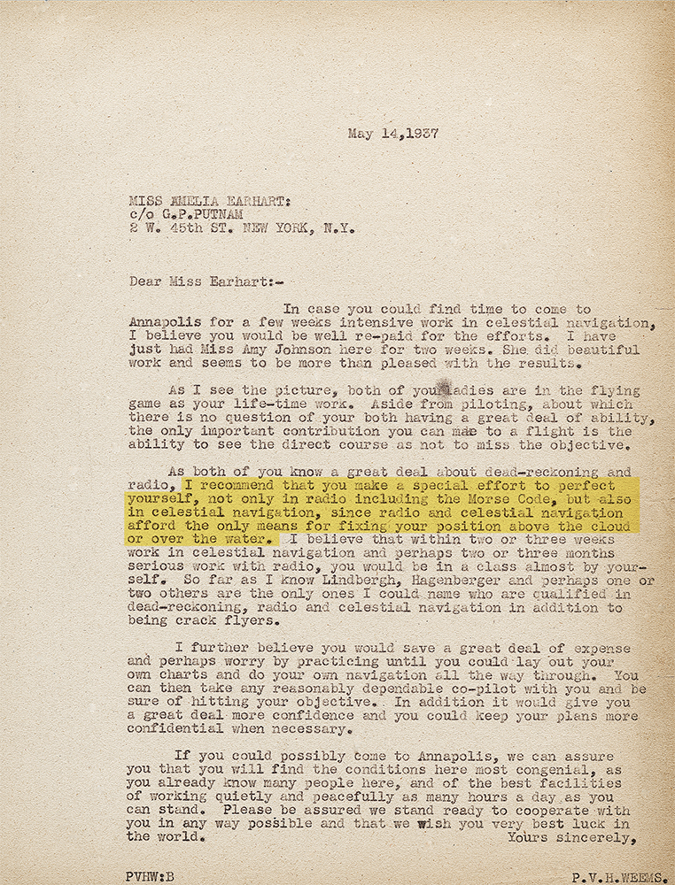 P.V.H. Weems' Letter to Amelia Earhart