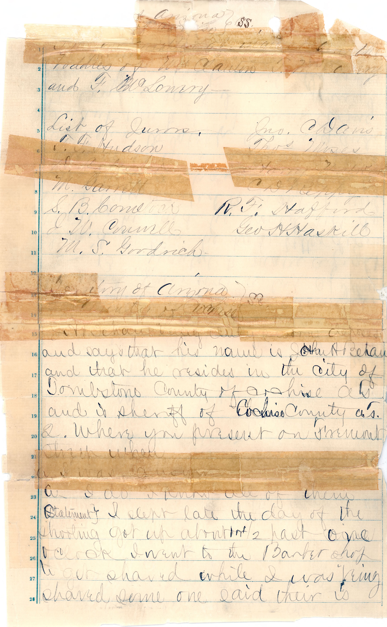 List of Coroner's Jurors, Testimony of John H. Behan and clerk's cover and file sheet