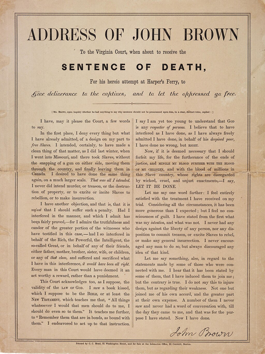 Broadside of John Brown's Last Speech