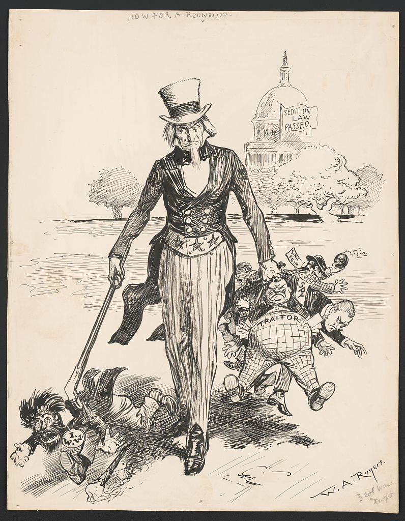 “Now for a Round-Up” by W.A. Rogers. This political cartoon was published in the New York Post following the passing of the 1901 Sedition Act, an updated revival of the original law that targeted Filipinos, Latin Americans, and union organizers.