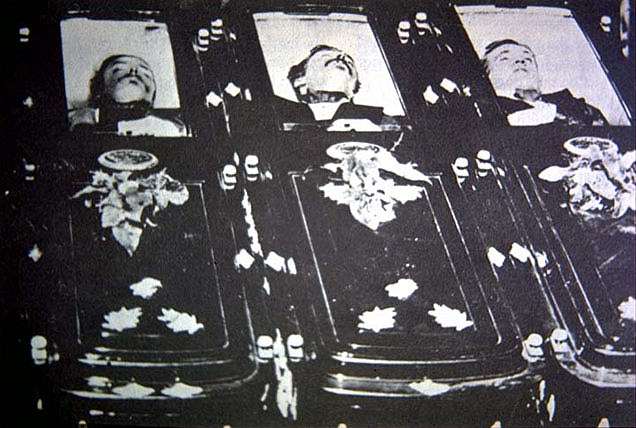 Tom McLaury, Frank McLaury and Billy Clanton (left to right) lie dead after the gunfight.