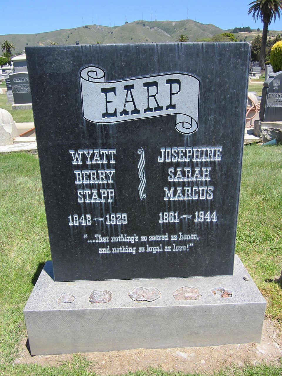 Josephine and Wyatt Earp’s grave, Hills of Eternity Memorial Park, Colma, CA.