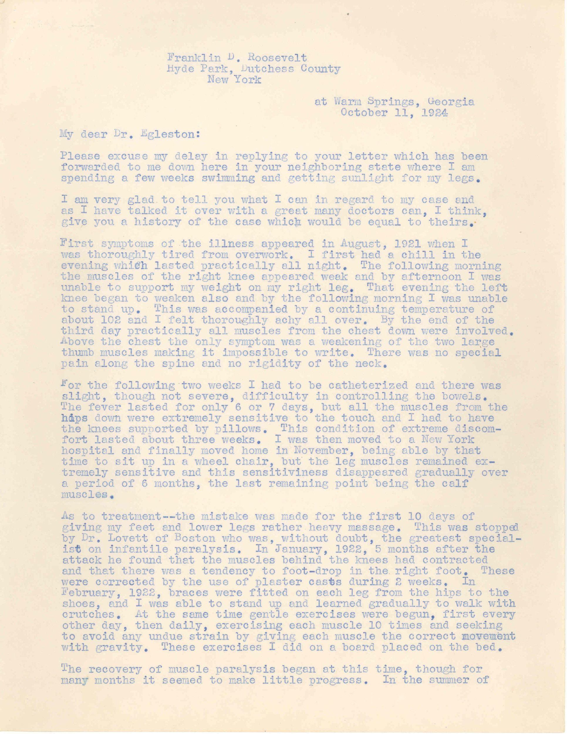 Transcript of Letter from Franklin Delano Roosevelt to Dr. Egleston Regarding his Polio Attack, 10/24/1924