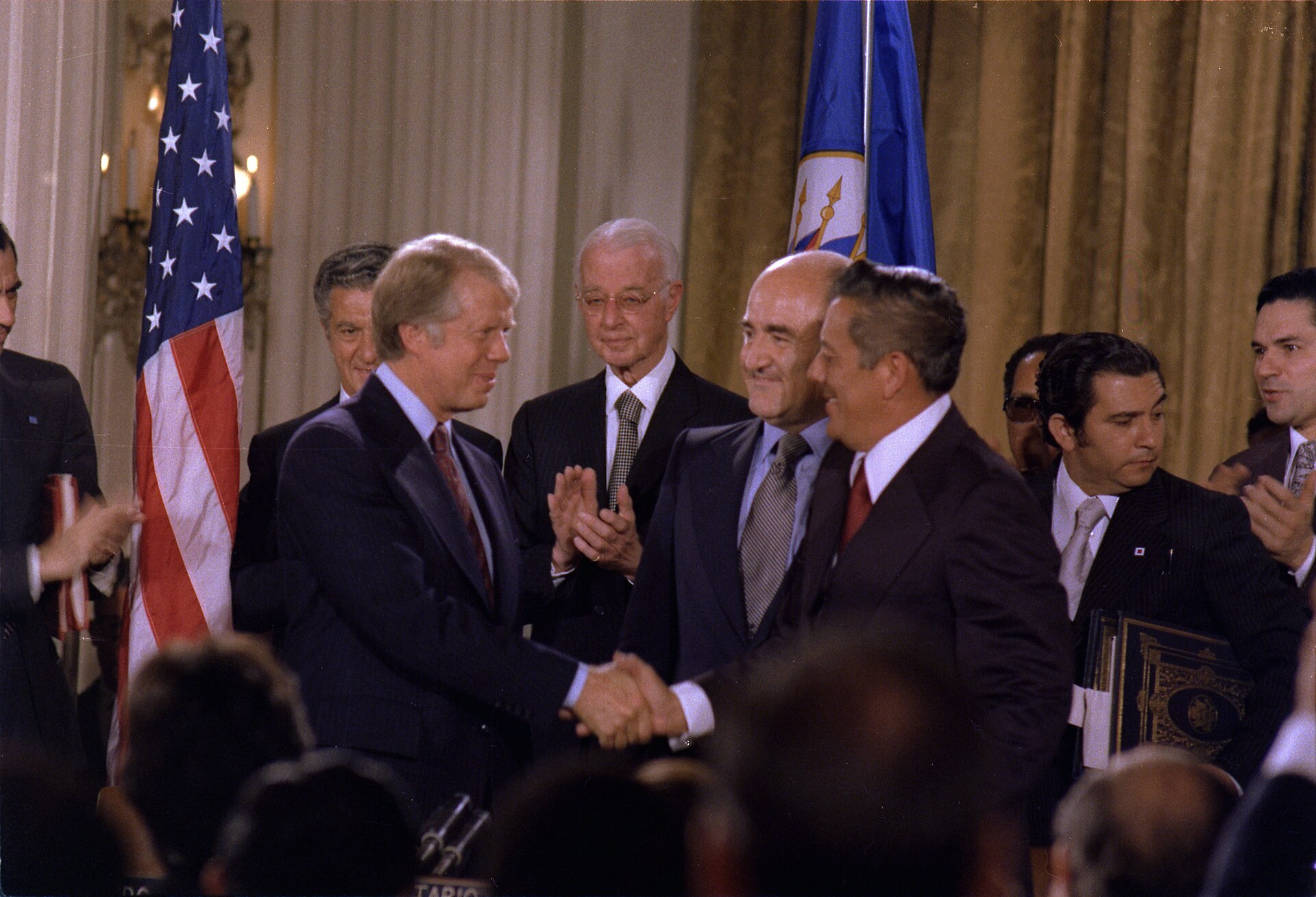 President Carter and Omar Torrijos shaking hands after signing the Torrijos-Carter Treaties