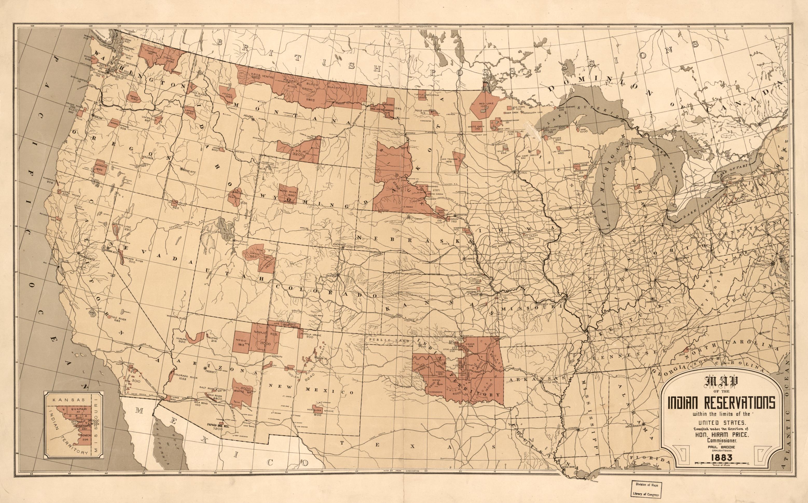 Map showing Indian reservations within the limits of the United States : 1883