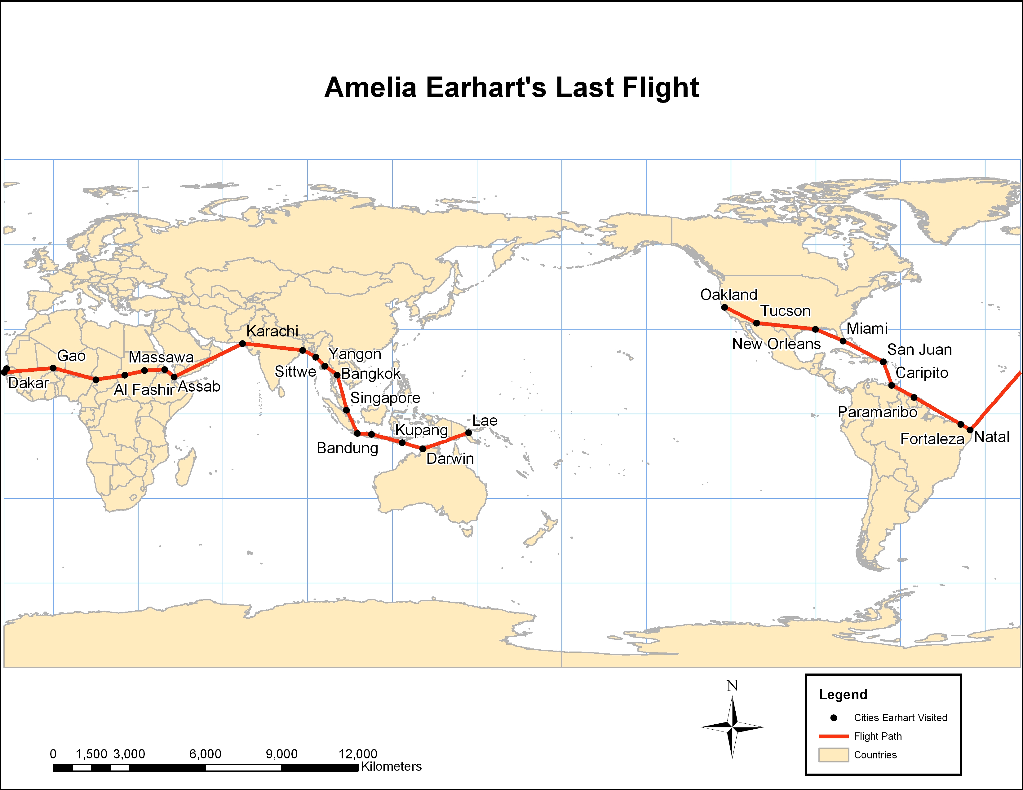 Earhart's flight started in Oakland, California and made it all the way to Darwin, Australia. She was only 3 stops away from returning to Oakland when she disappeared.
