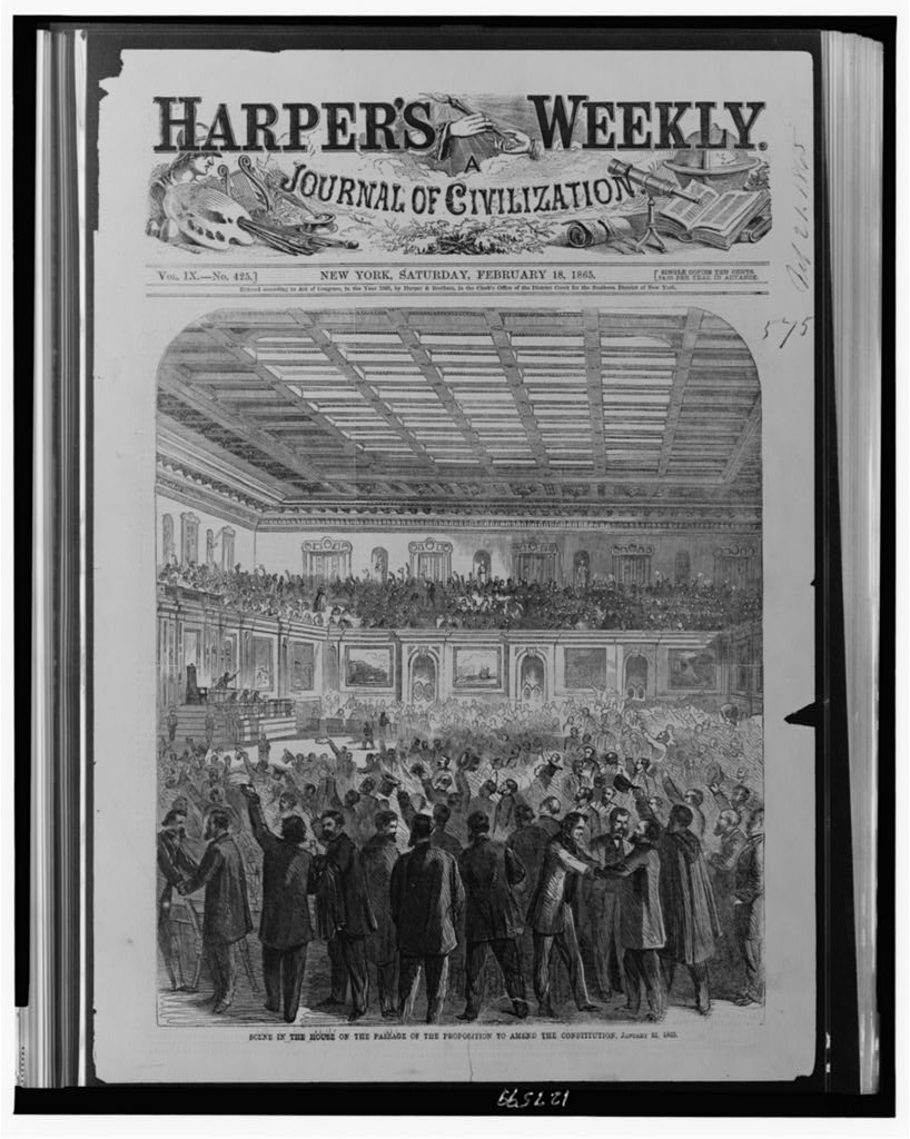 Scene in the House on the passage of the proposition to amend the Constitution, January 31, 1865