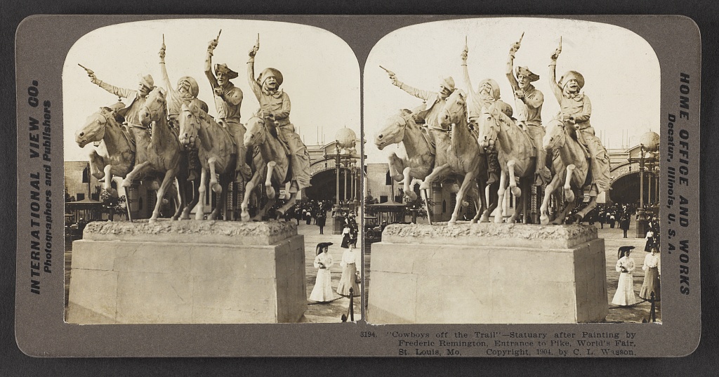 "Cowboys off the Trail" - statuary after painting by Frederic Remington, entrance to pike, World's Fair, St. Louis, Mo.