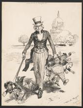 “Now for a Round-Up” by W.A. Rogers. This political cartoon was published in the New York Post following the passing of the 1901 Sedition Act, an updated revival of the original law that targeted Filipinos, Latin Americans, and union organizers.